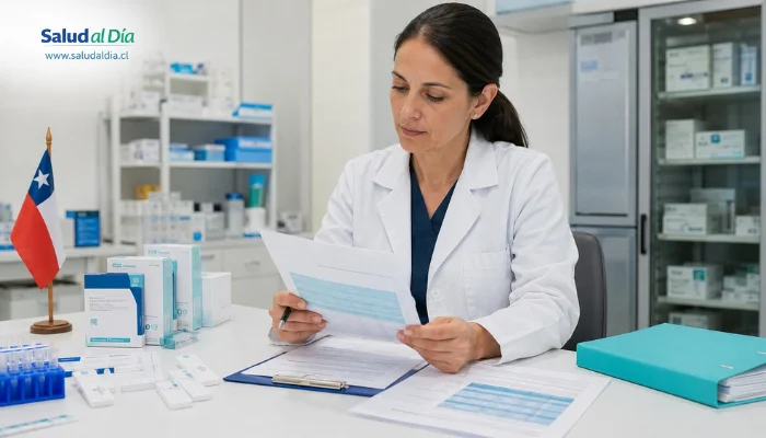 Profesional de laboratorio revisando pruebas rápidas de diagnóstico y documentación sanitaria en contexto de alerta del ISP