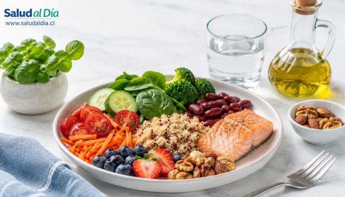 Plato saludable con verduras, frutas, granos integrales, legumbres y aceite de oliva como ejemplo de alimentación equilibrada
