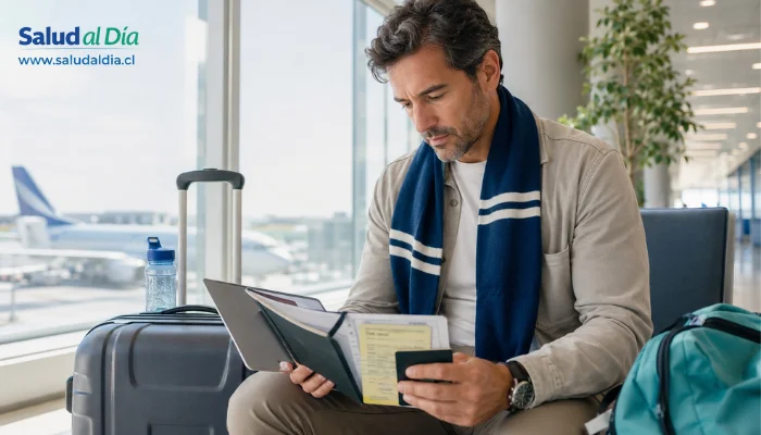 Viajero en aeropuerto revisando documentos de salud y vacunas antes de asistir al Mundial 2026