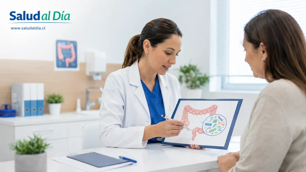 Profesional de salud explicando resultados digestivos a una persona adulta en consulta médica, representando prevención de cáncer colorrectal y microbiota intestinal