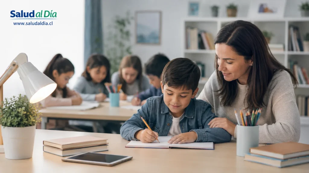 Niño en un ambiente familiar tranquilo realizando una actividad educativa, representando desarrollo cerebral infantil, sueño, estrés y entorno social