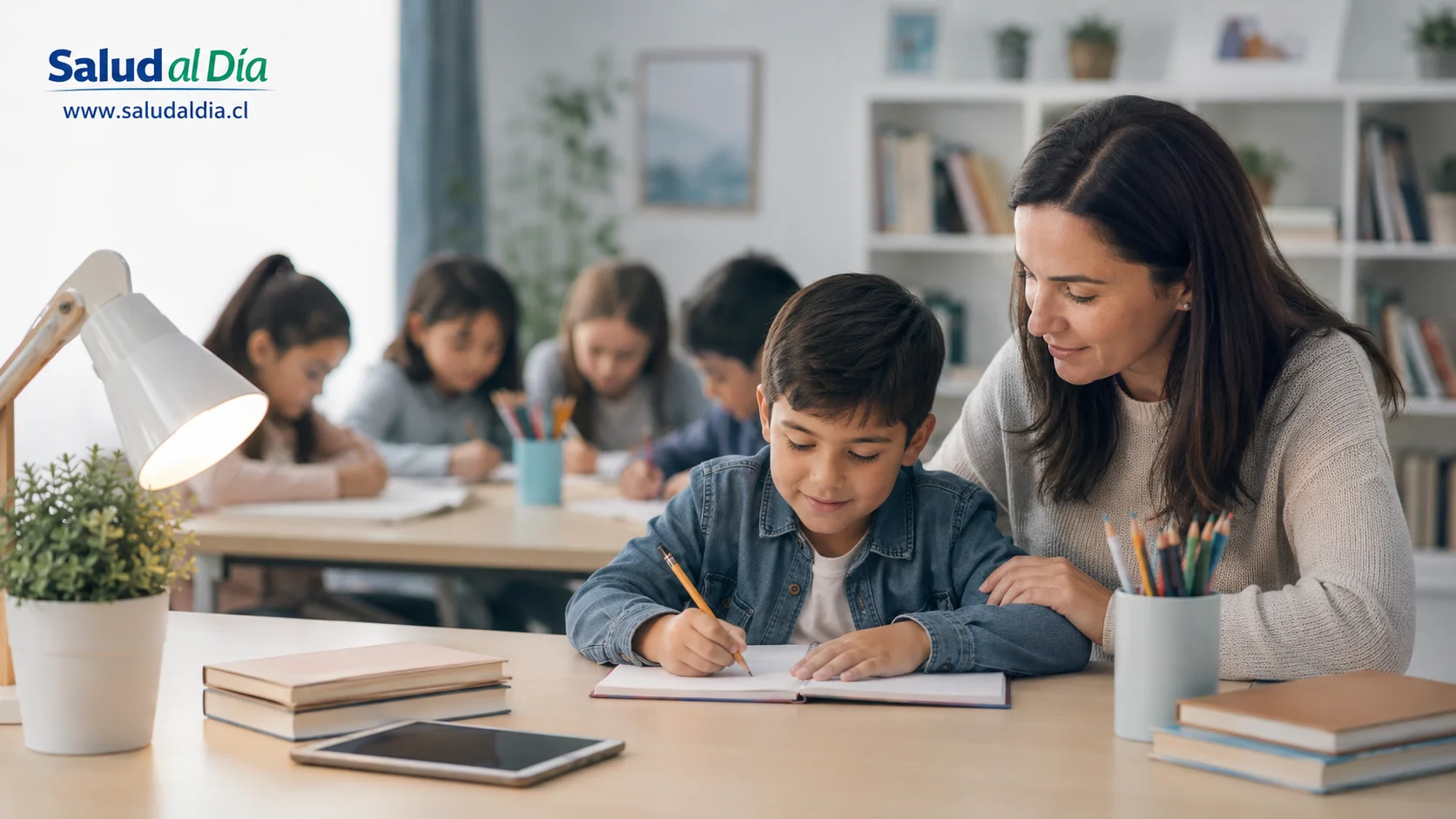Niño en un ambiente familiar tranquilo realizando una actividad educativa, representando desarrollo cerebral infantil, sueño, estrés y entorno social