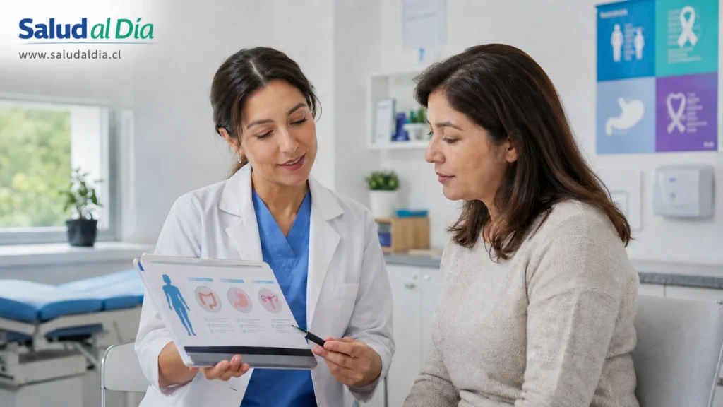 Profesional de salud revisando exámenes preventivos de cáncer en un centro de atención primaria