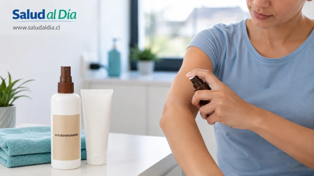 Persona aplicando autobronceante o crema cosmética en el brazo junto a protector solar, representando cuidado seguro de la piel