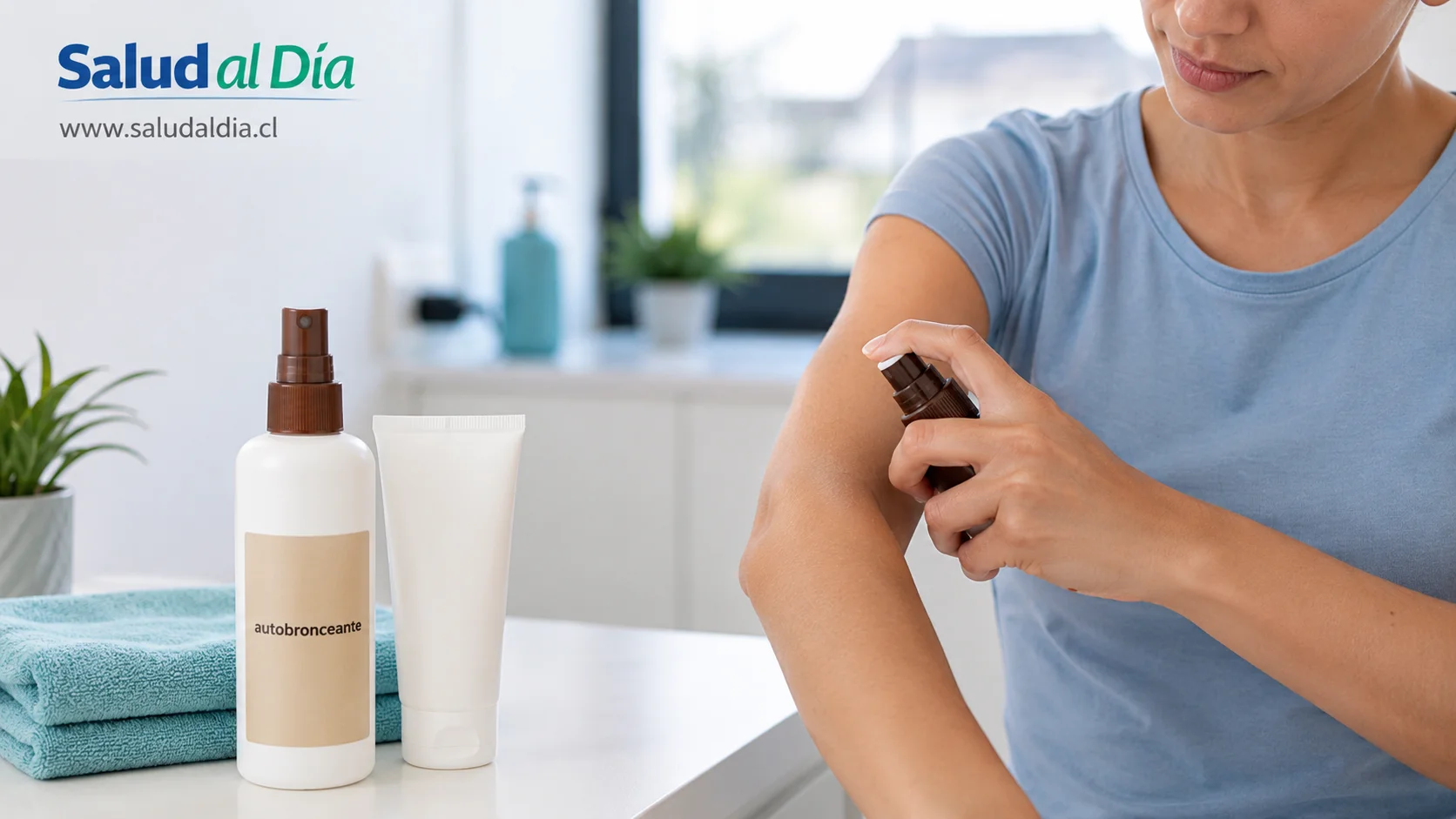 Persona aplicando autobronceante o crema cosmética en el brazo junto a protector solar, representando cuidado seguro de la piel