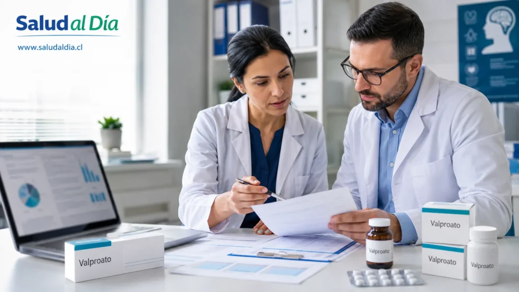 Profesional de salud revisando medicamentos y documentos de farmacovigilancia relacionados con valproato y seguridad del paciente