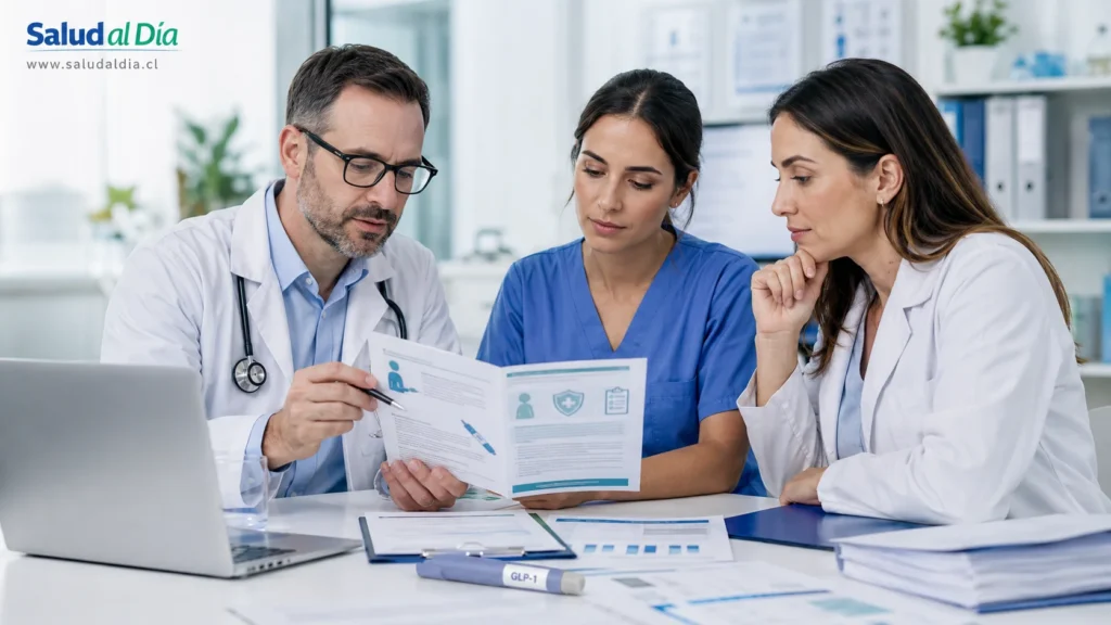 Profesional de salud revisando una guía clínica sobre medicamentos GLP-1, obesidad y uso supervisado de semaglutida