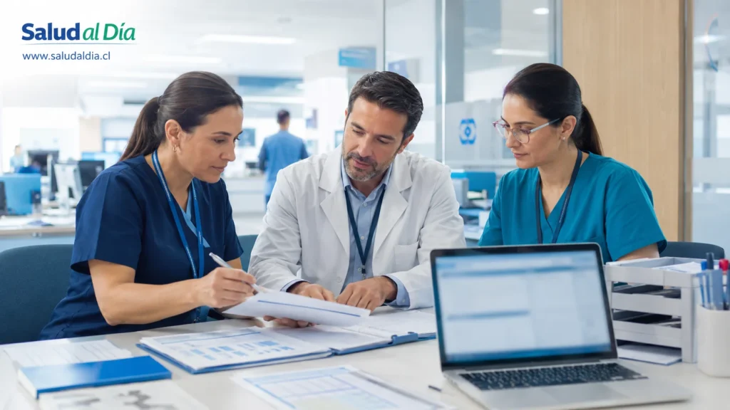 Profesional de salud revisando registros clínicos oncológicos y coordinación de atención para pacientes con tiempos de espera prolongados