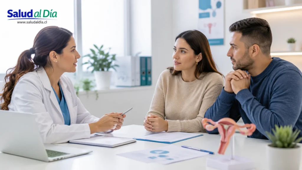 Profesional de salud conversando con una pareja adulta sobre fertilidad, salud reproductiva y planificación familiar