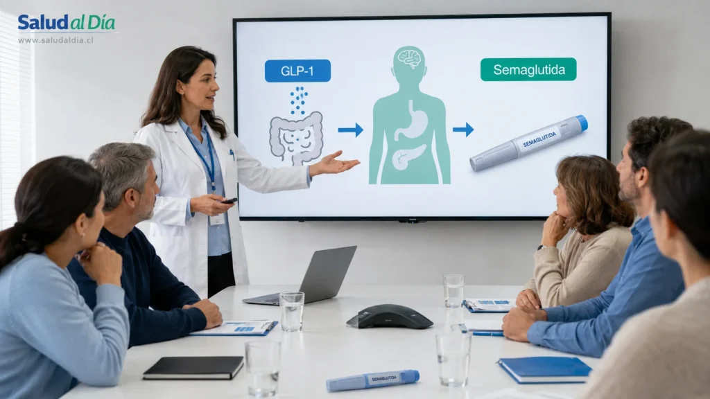 Profesional de salud explicando qué es la semaglutida y cómo se relaciona con la hormona GLP-1