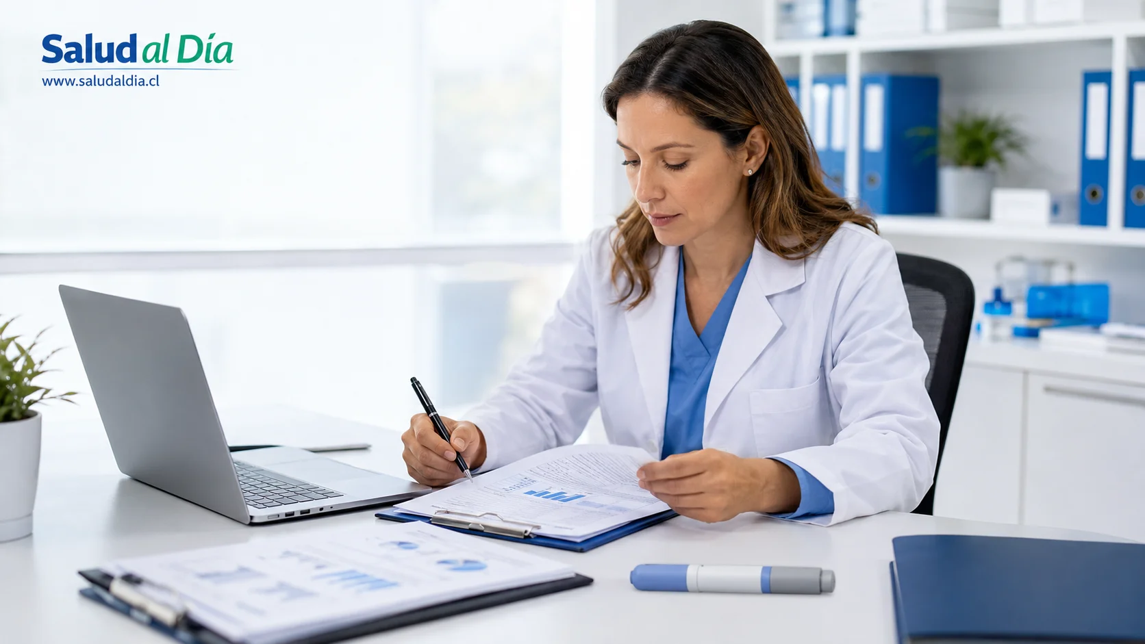 Profesional de salud revisando documentos médicos y una pluma inyectable genérica como referencia a semaglutida, regulación sanitaria y uso supervisado