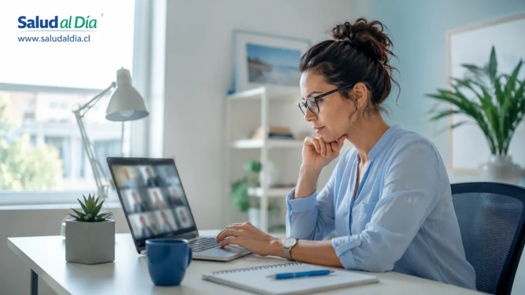 Persona trabajando desde casa frente a un computador en un ambiente ordenado, representando teletrabajo, aislamiento y bienestar laboral