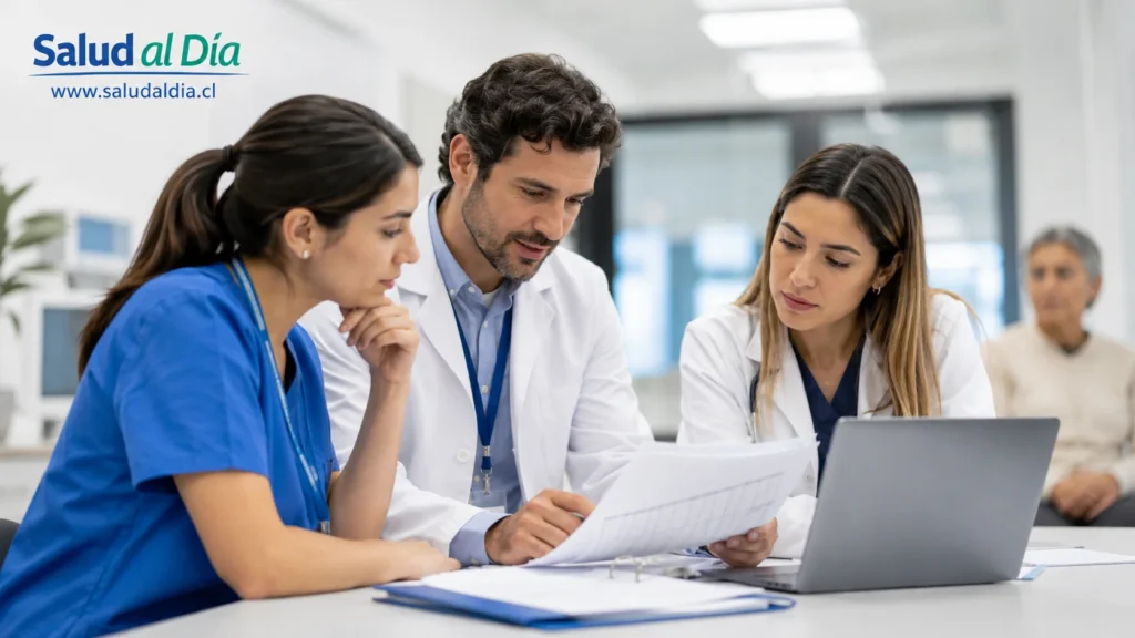 Profesional de salud revisando documentos clínicos como referencia al avance del Plan Alerta Oncológica del Minsal