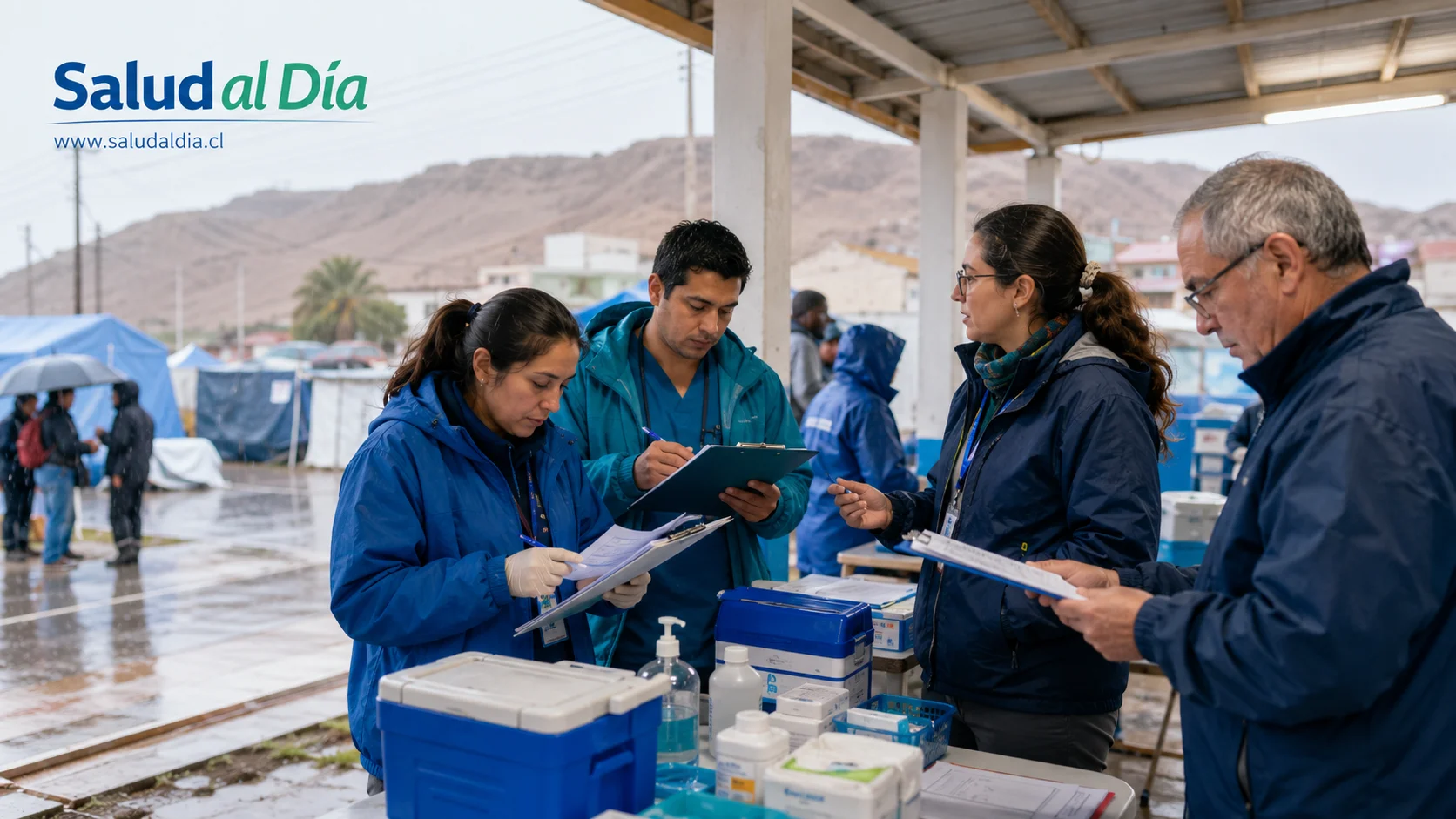 Equipo de salud revisando medidas sanitarias durante emergencia por lluvias en zona norte de Chile