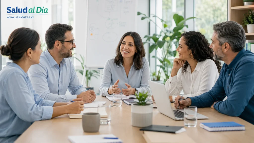 Equipo de trabajo en una reunión sobre bienestar laboral y salud mental en una empresa