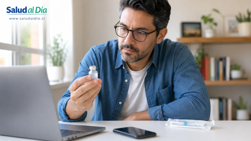 Persona revisando información de un producto inyectable genérico como referencia a riesgos de péptidos promocionados en redes sociales