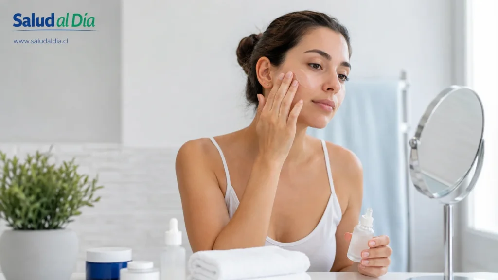 Persona aplicando producto de skincare frente a un espejo como referencia a diferencias entre retinol y retinal