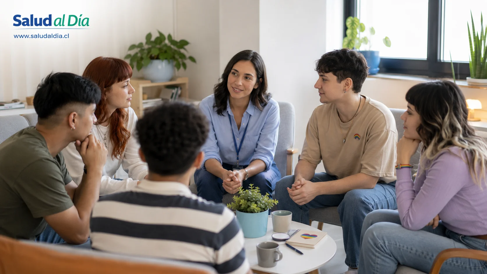 Jóvenes diversos en un espacio seguro de conversación y apoyo emocional