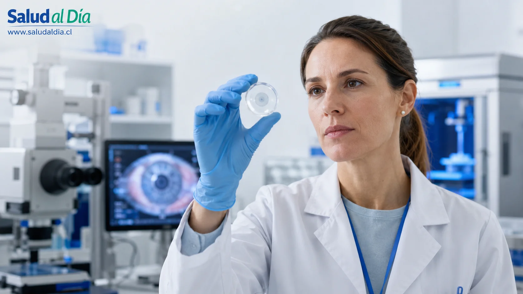 Profesional de oftalmología revisando una imagen digital de córnea como referencia a bioimpresión 3D y trasplante corneal