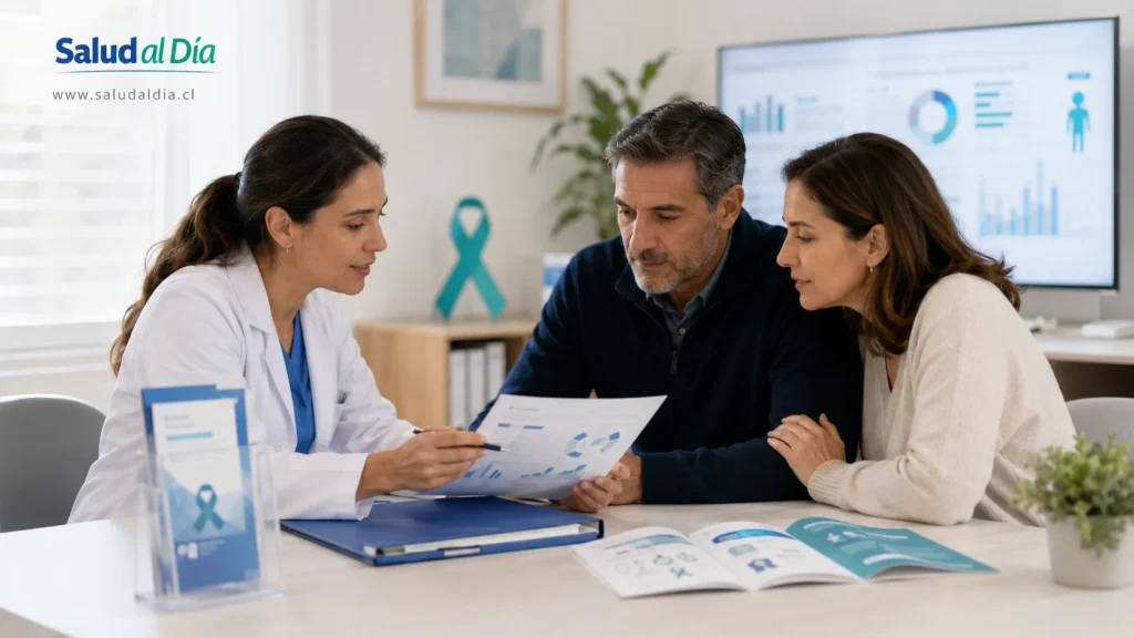 Profesional de salud revisando un informe sobre cáncer y prevención oncológica junto a una familia en consulta