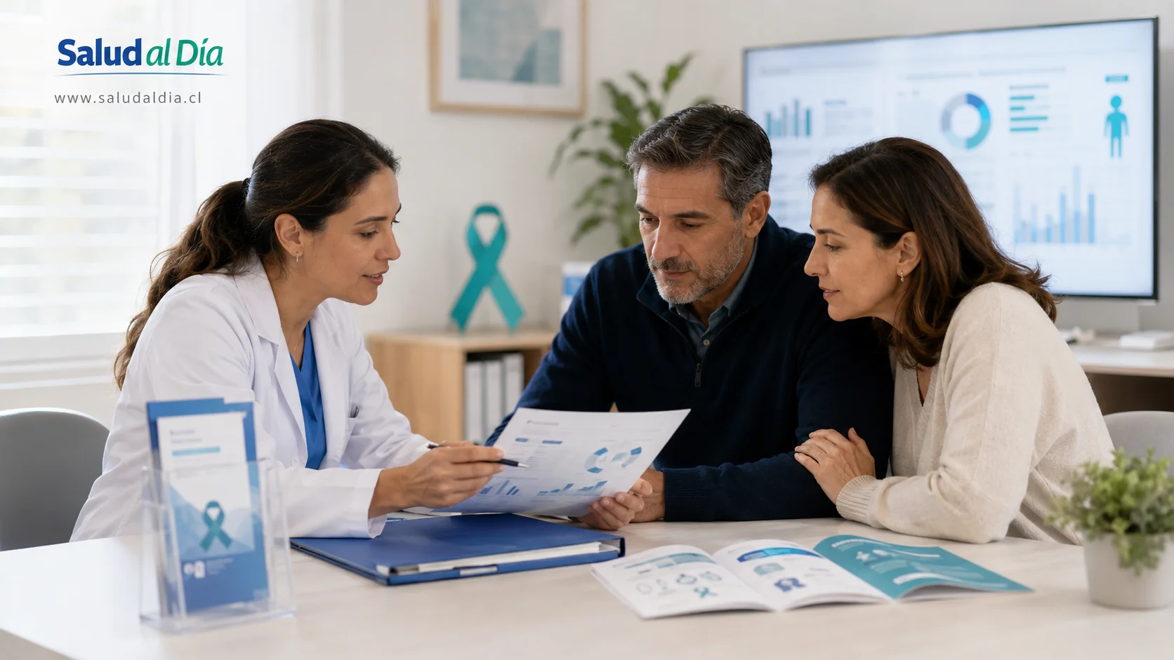 Profesional de salud revisando un informe sobre cáncer y prevención oncológica junto a una familia en consulta