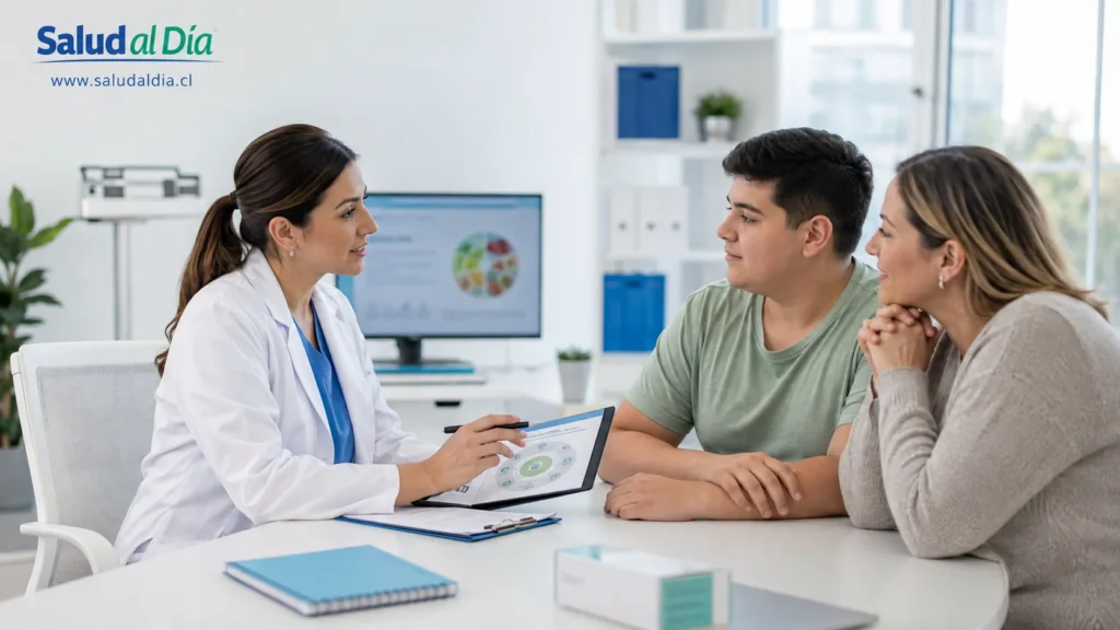 Profesional de salud revisando opciones de tratamiento para obesidad junto a una persona joven en consulta médica