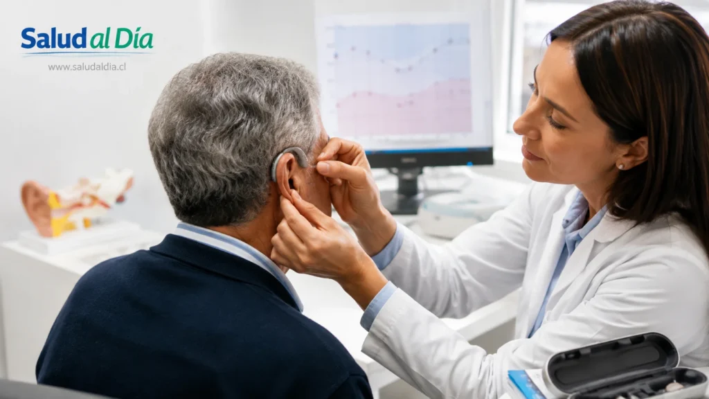 Profesional de salud auditiva ajustando un audífono detrás de la oreja de una persona adulta