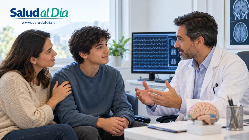 Persona siendo acompañada durante una evaluación neurológica relacionada con epilepsia y crisis recurrentes