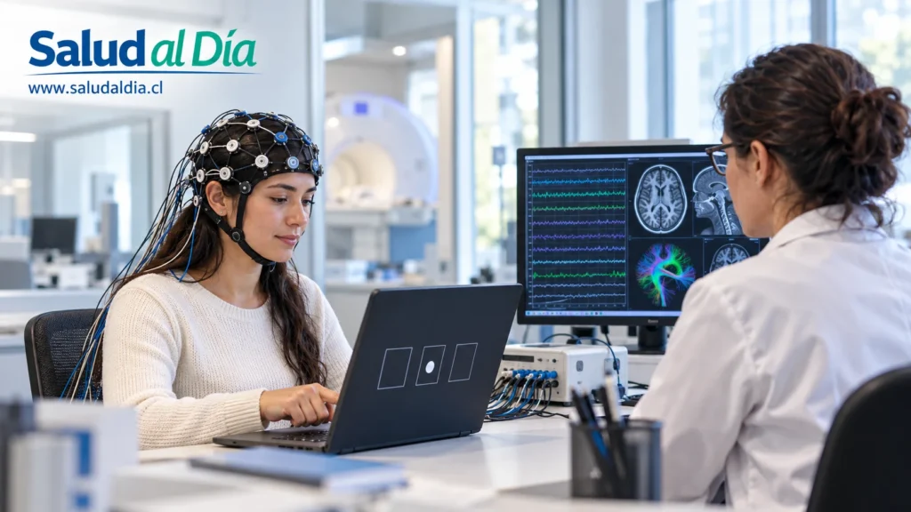 Persona realizando una evaluación neurocognitiva mientras investigadores analizan actividad cerebral después del COVID-19