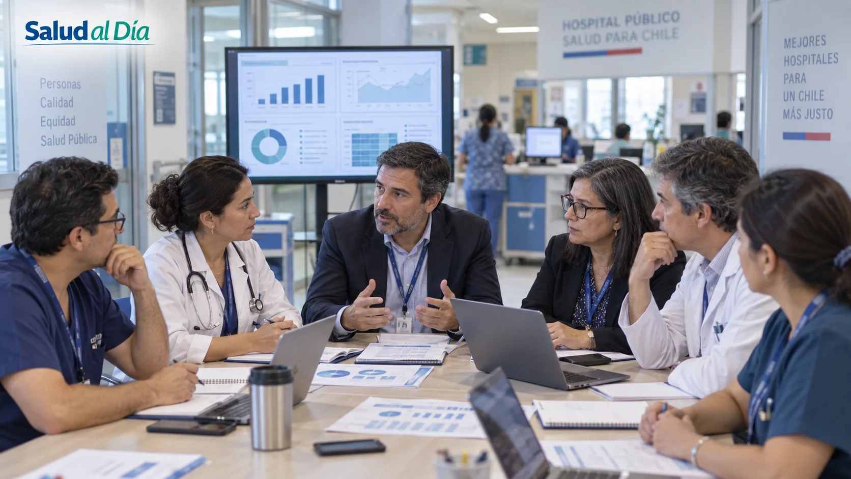 Equipo directivo y profesionales de salud reunidos en un hospital para analizar gestión y resultados