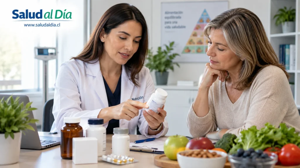 Persona revisando etiquetas de suplementos alimenticios junto a un profesional de nutrición