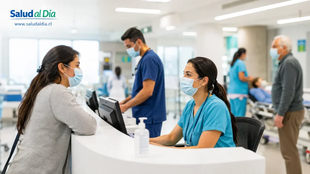Personas usando mascarilla en un servicio de salud ante alta circulación de virus respiratorios en Chile
