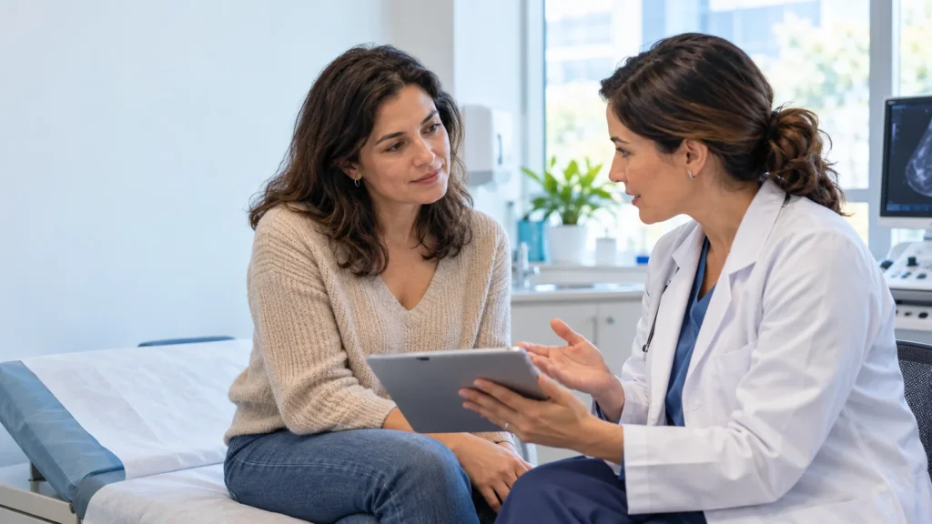 Mujer adulta conversa con una médica durante una consulta preventiva en la que revisan antecedentes de salud en una tablet.
