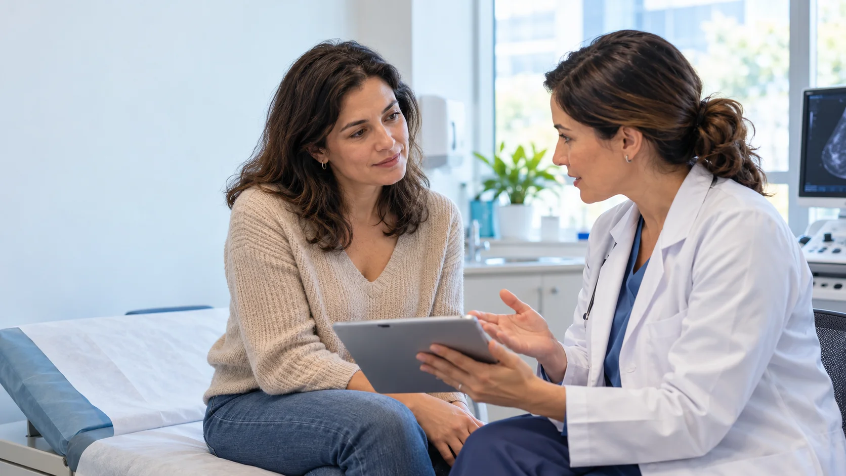 Mujer adulta conversa con una médica durante una consulta preventiva en la que revisan antecedentes de salud en una tablet.
