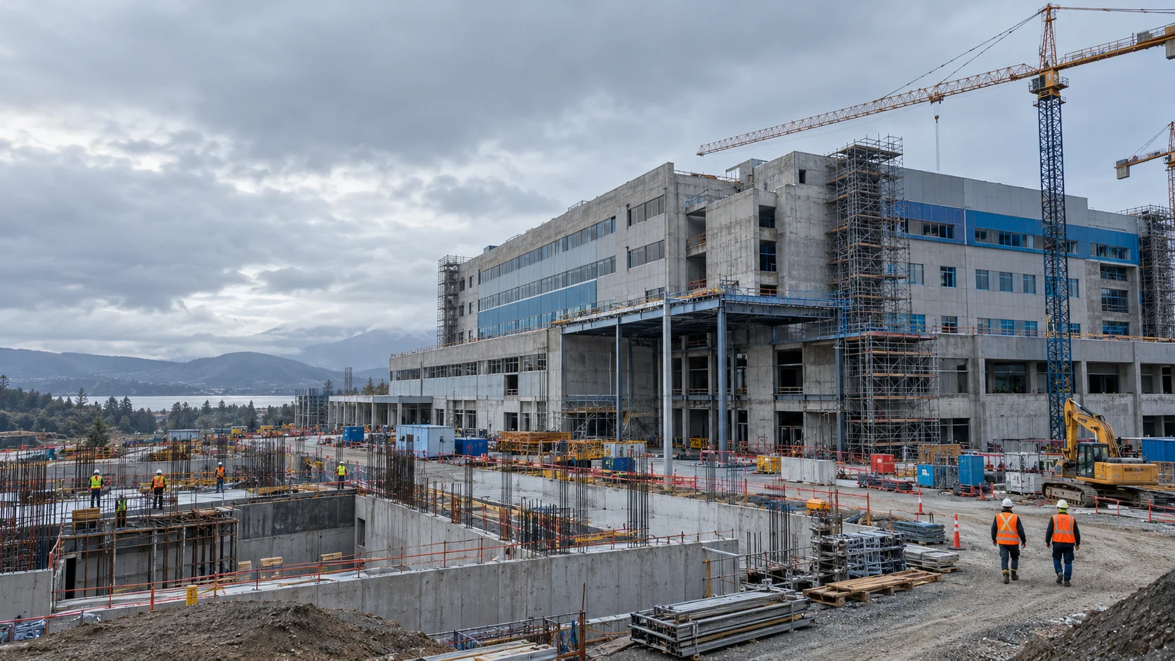 Edificio hospitalario en construcción, con estructuras de hormigón, maquinaria y trabajadores en el lugar.
