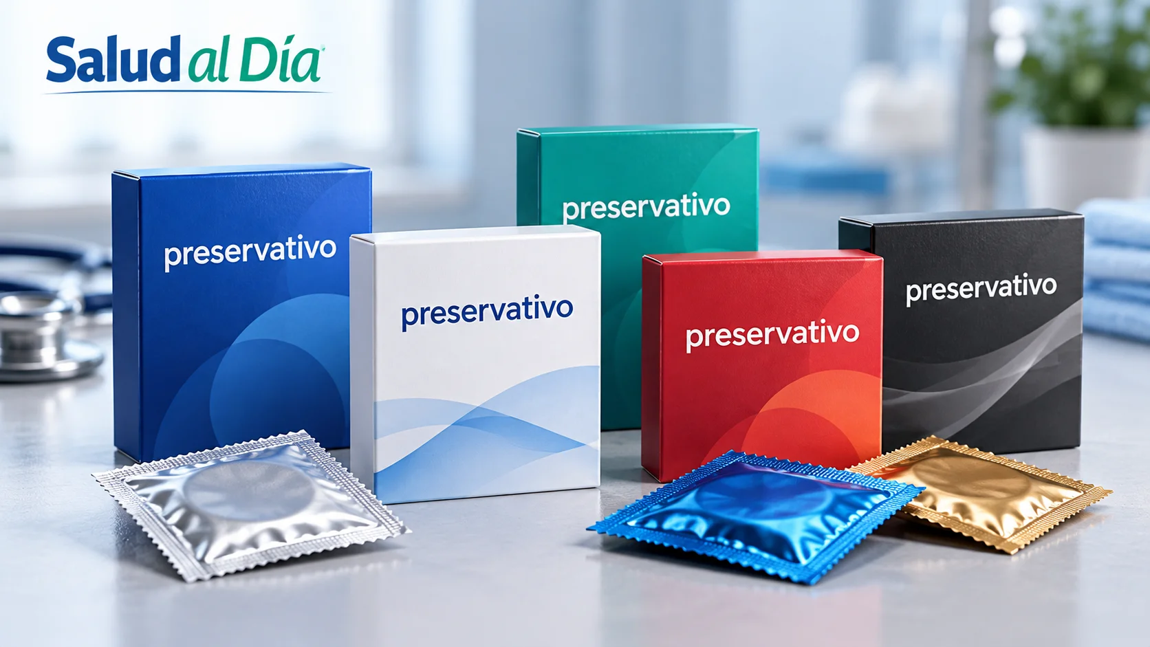 Envases genéricos de preservativos y sobres individuales sobre una mesa clara, junto a documentos de revisión sanitaria.