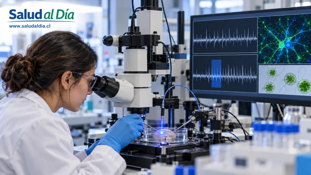 Representación científica de neuronas activadas mediante luz azul en un experimento de optogenética