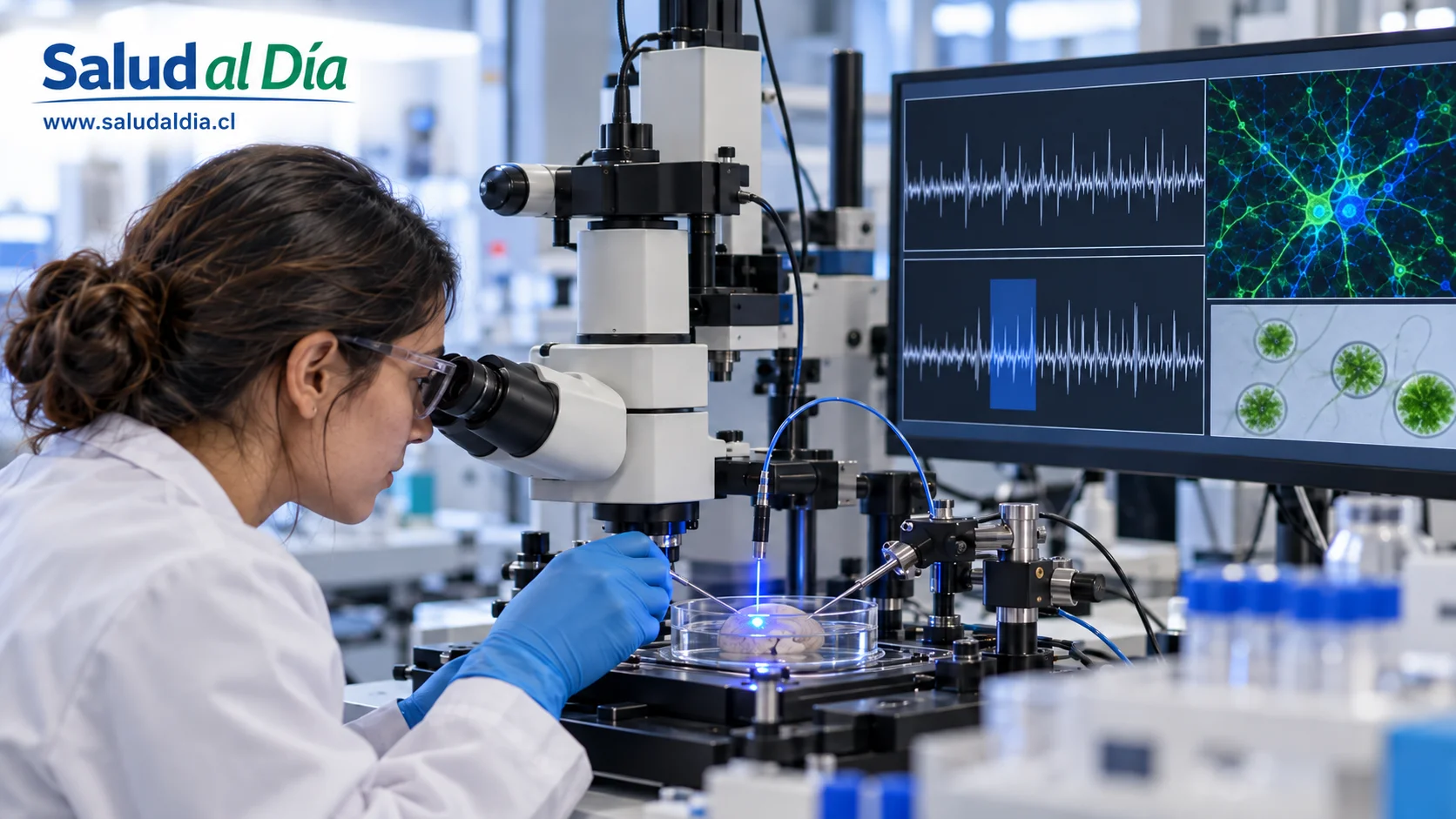 Representación científica de neuronas activadas mediante luz azul en un experimento de optogenética