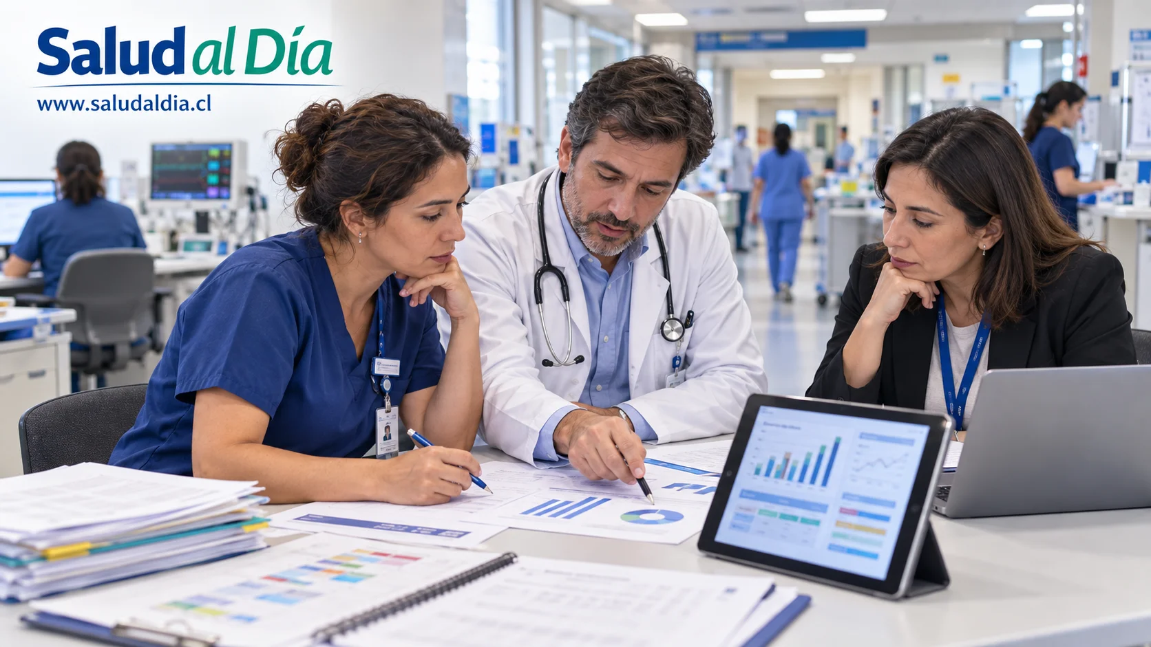 Equipo de salud en hospital público durante una reunión de planificación de recursos y atención de pacientes